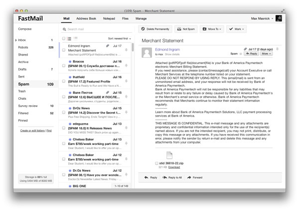 Screenshot of FastMail's web-based interface