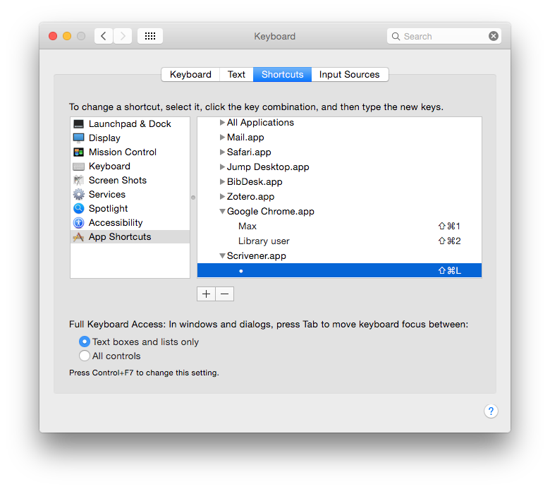 Keyboard shortcuts preferences on OS X Yosemite