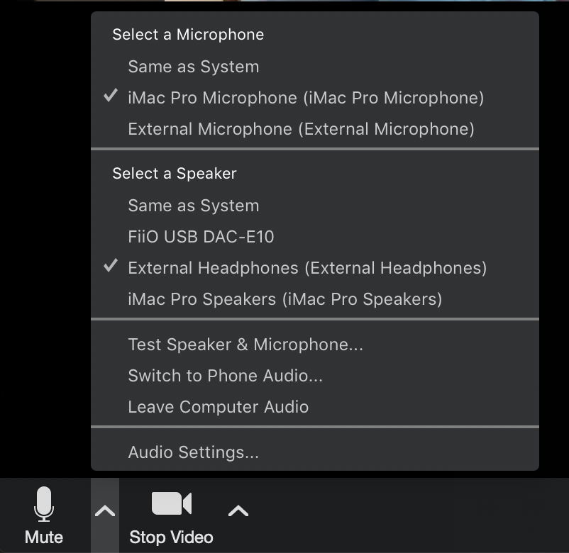 Zoom microphone menu screenshot